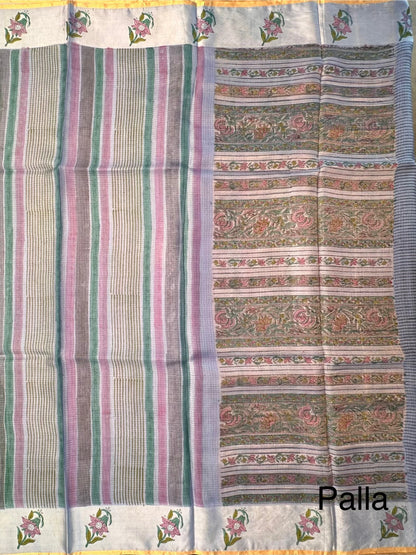 Blue-Multi Colour Hand Block-Print Pure Kota Doria Silk Saree