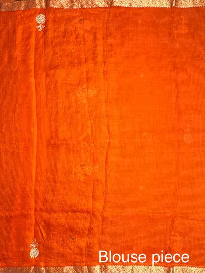 Orange Kota Doria Pure Silk Saree With Hand Work