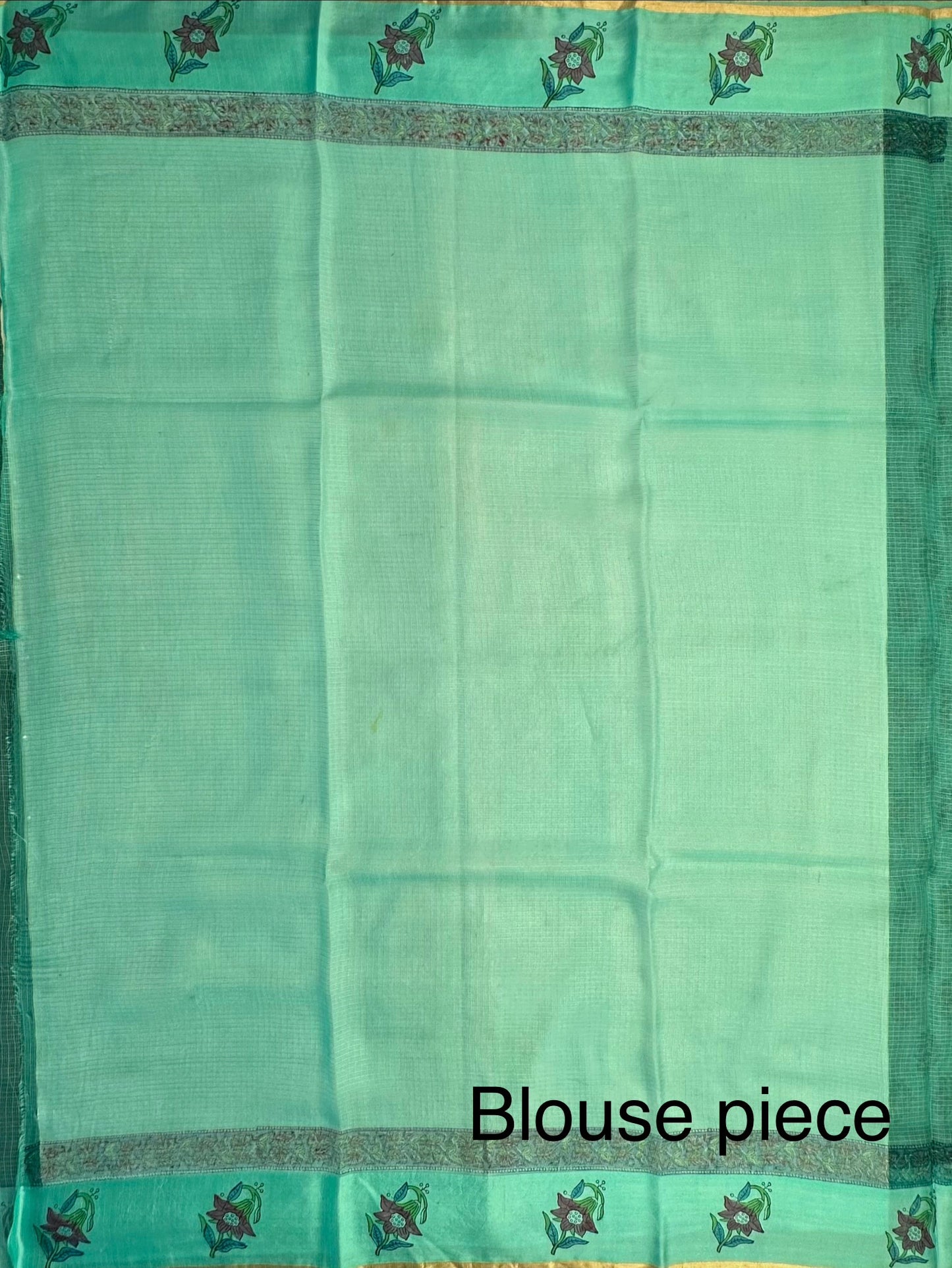 Sea Green Hand Block-Print Pure Kota Doria Silk Saree
