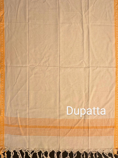 Beige-Mustard Mangalgiri Cotton Unstitched 3-Piece Suit
