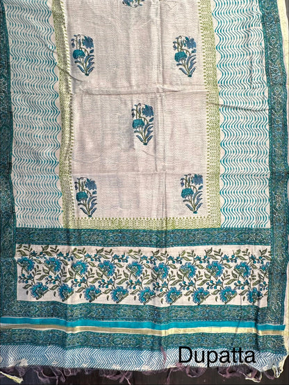 Beige- Blue Chanderi 3-Piece Suit