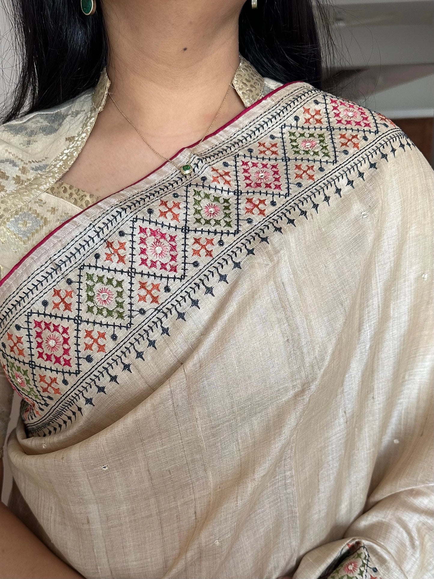 Beige Pure Tussar Silk Saree With Embroidery