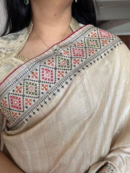 Beige Pure Tussar Silk Saree With Embroidery