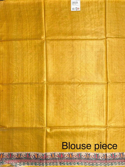 Yellow Madhubani Art Pure Tussar Silk Saree