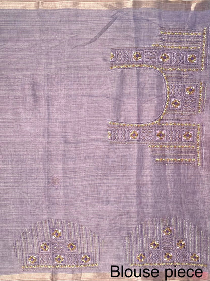 Purple Blended Cotton Saree with Hand Embroidery