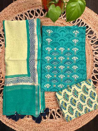 Green Chanderi Hand Block Printed 3-Piece Unstitched Suit
