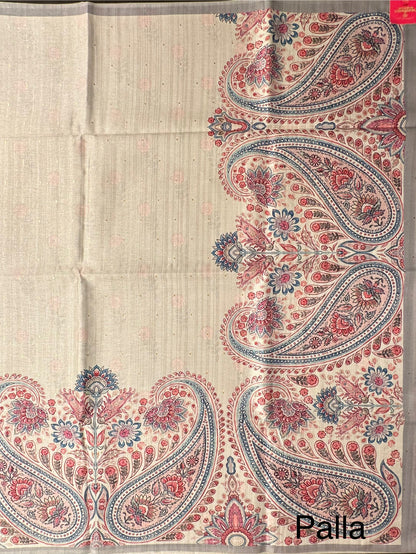 Off White-Grey Printed Art Silk Saree