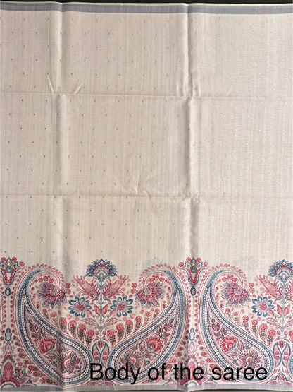 Off White-Grey Printed Art Silk Saree