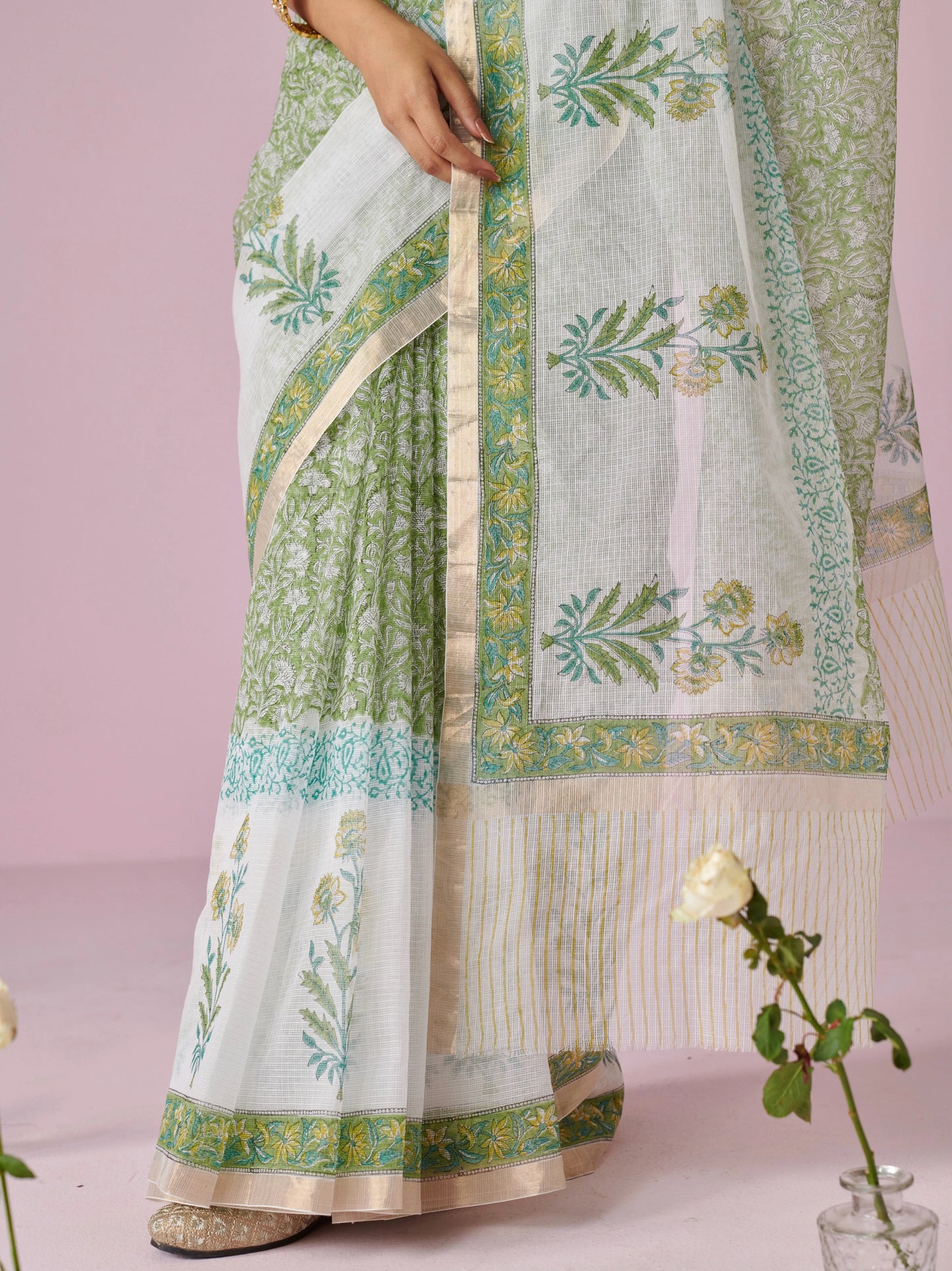 Off White- Green Block Printed Kota Doria Cotton Saree