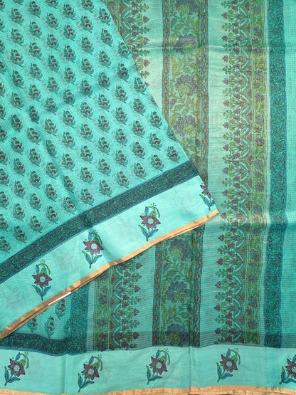 Sea Green Hand Block-Print Pure Kota Doria Silk Saree