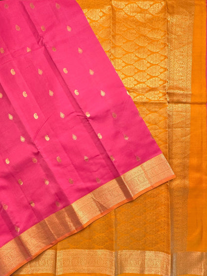 Pink-Mustard Pondicherry Pure Silk Saree