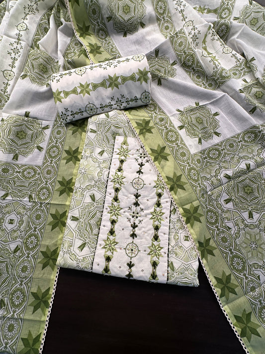 Off White-Green  Necktie Cotton 3-Piece Suit