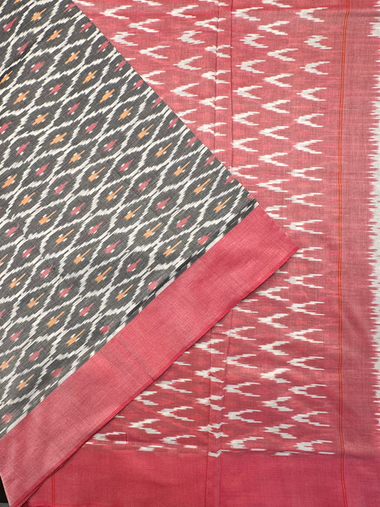 Grey-Coral Red Ikkat Cotton Saree
