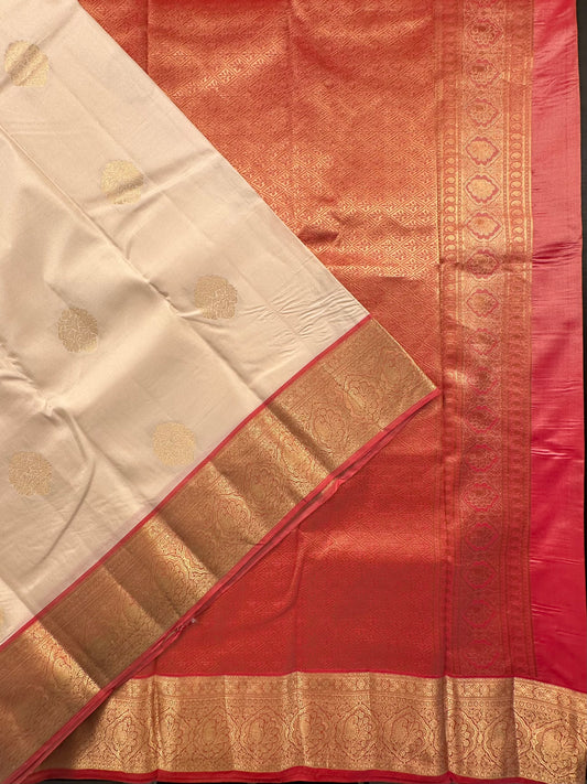 Cream Pondicherry Handloom Pure Silk Saree