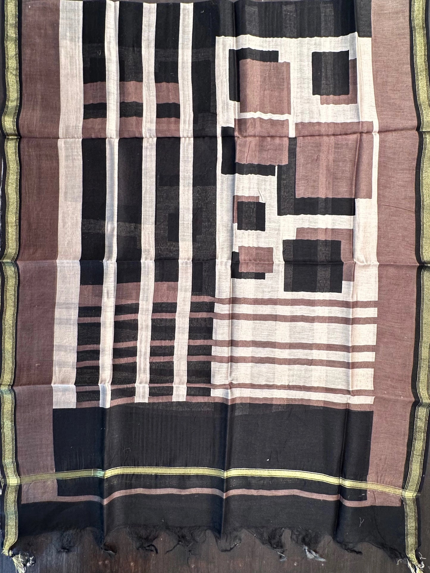 Black-Brownish Grey Printed Chanderi 3-Piece Unstitched Suit