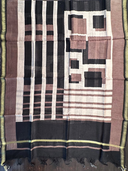 Black-Brownish Grey Printed Chanderi 3-Piece Unstitched Suit