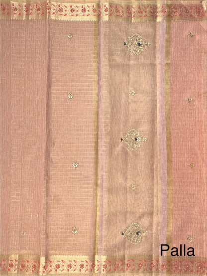 Dusky Pink Fancy Zari Cotton Saree With Hand Work