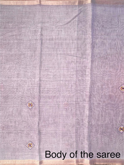Purple Blended Cotton Saree with Hand Embroidery