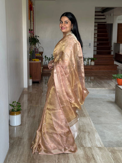 Baby Pink Emboss Pure Tissue Silk Saree