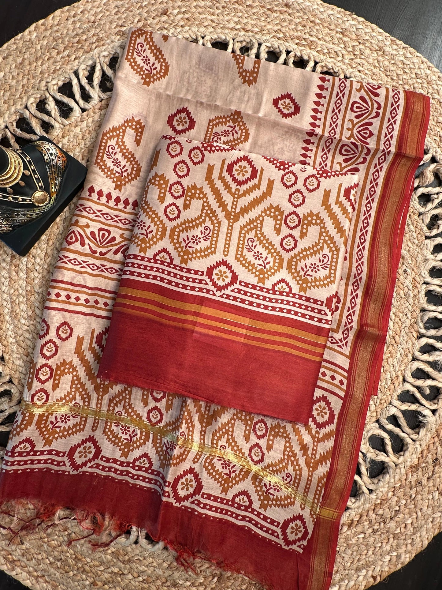 Beige-Rust Printed Chanderi 3-Piece Unstitched Suit