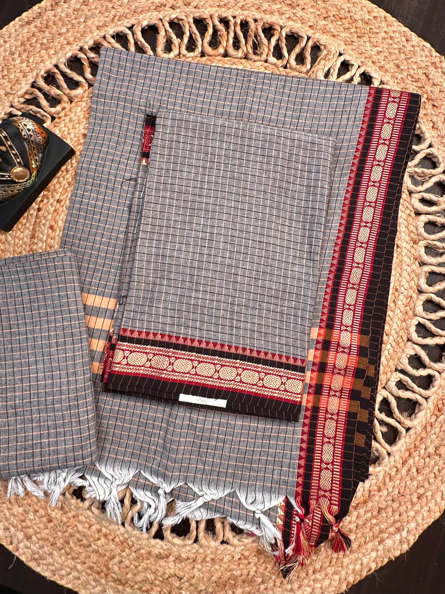 Grey Checkered Dharwad South Cotton 3-Piece Suit