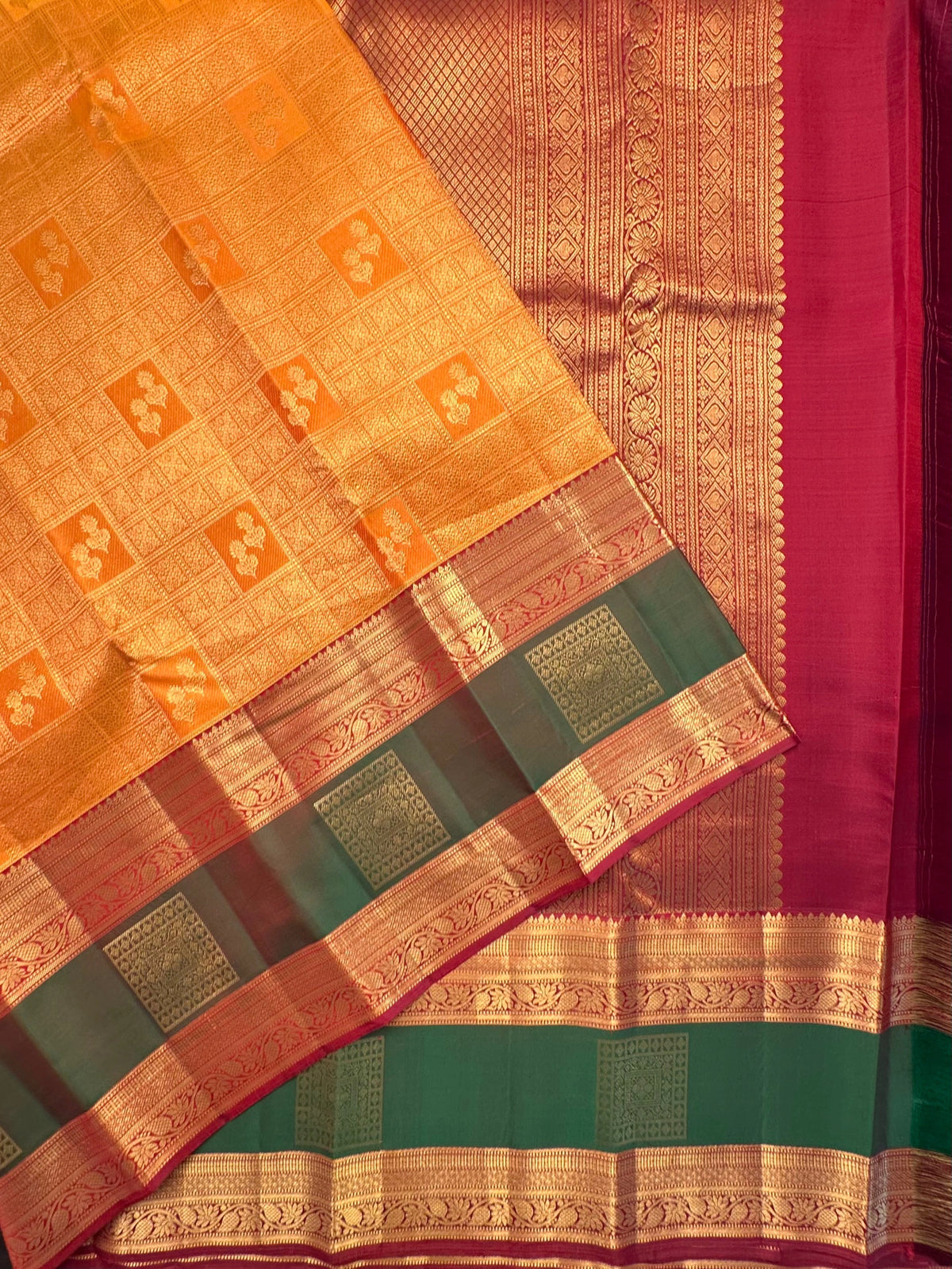 Mustard-Maroon Handloom Kadiyar Pure Silk Saree