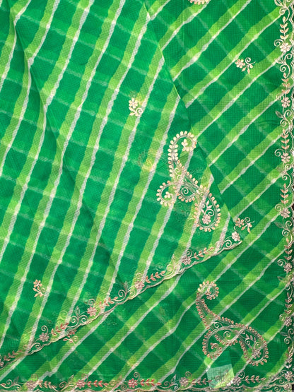 Green Kyra Leheriya Kota Doria Pure Silk Saree With Gota Patti Work