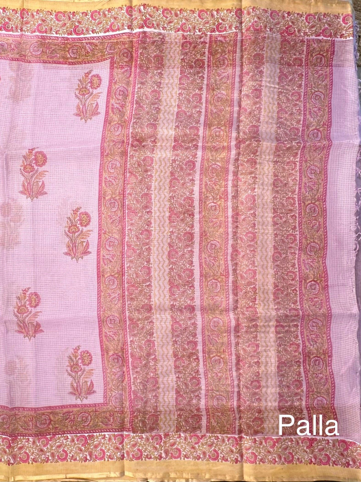 Mauve Hand Block-Print Pure Kota Doria Silk Saree
