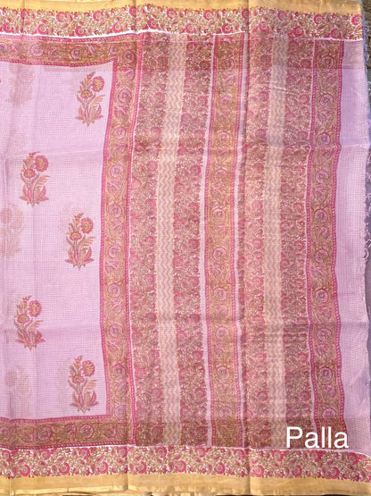 Mauve Hand Block-Print Pure Kota Doria Silk Saree