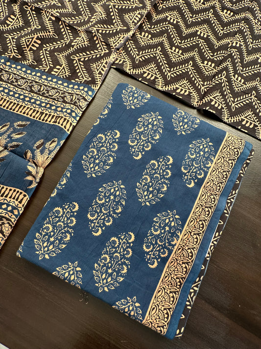 Blue Block Printed Pure Cotton Suit