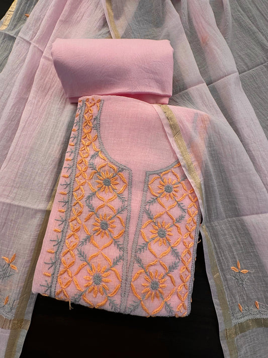 Pink Chanderi Chikankari Handwork 3-Piece Unstitched Suit