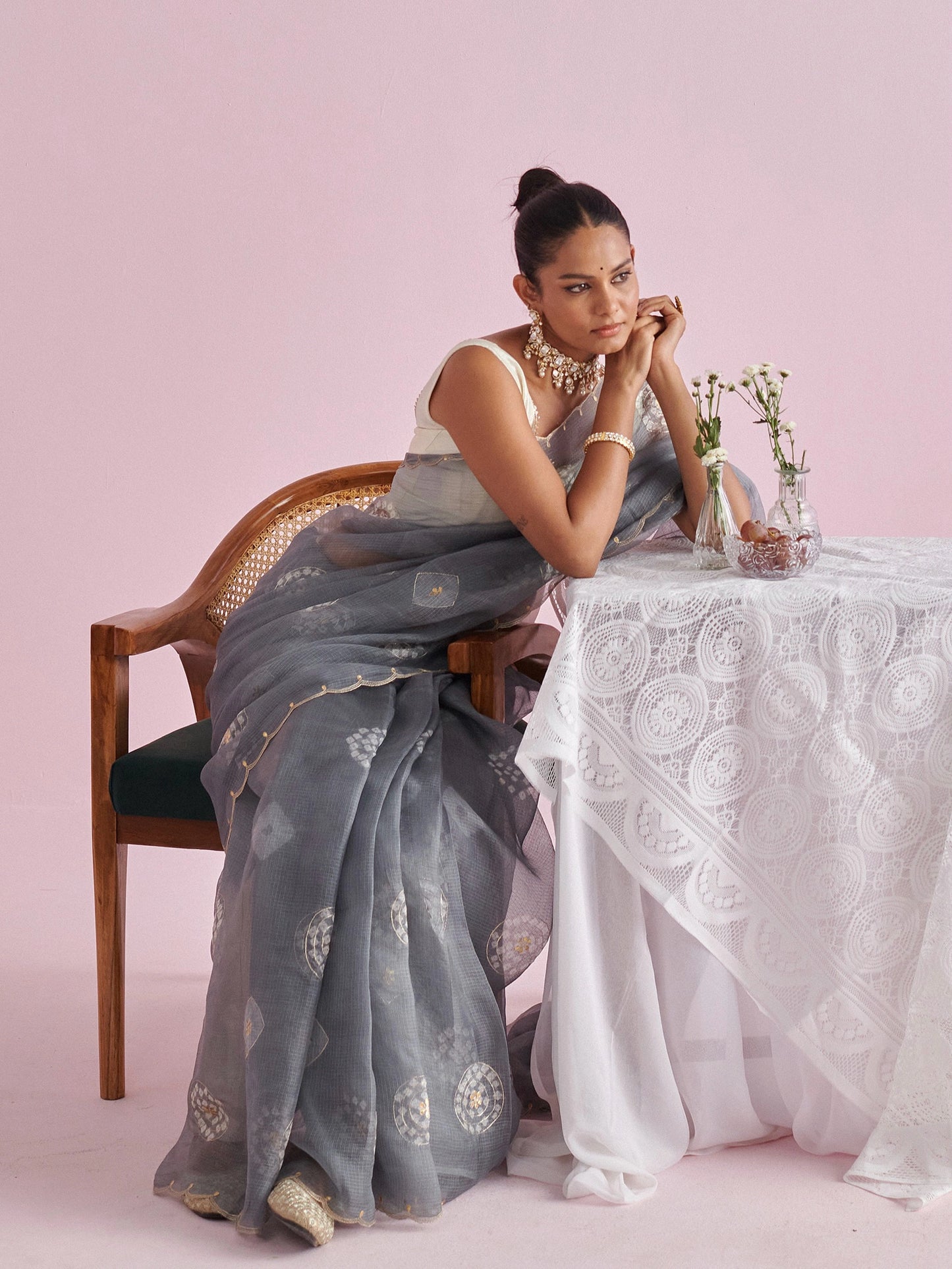Kota Doria Pure Silk Saree with Aari Scallops