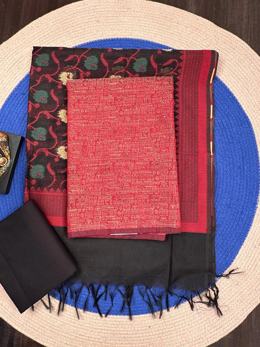 Maroon-Black Jacquard 3-piece Unstitched Cotton Suit