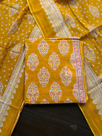 Mustard Block Printed Pure Cotton Suit