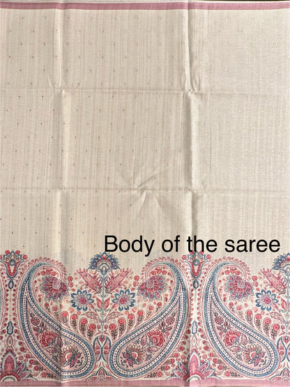 Off White-Pink Printed Art Silk Saree