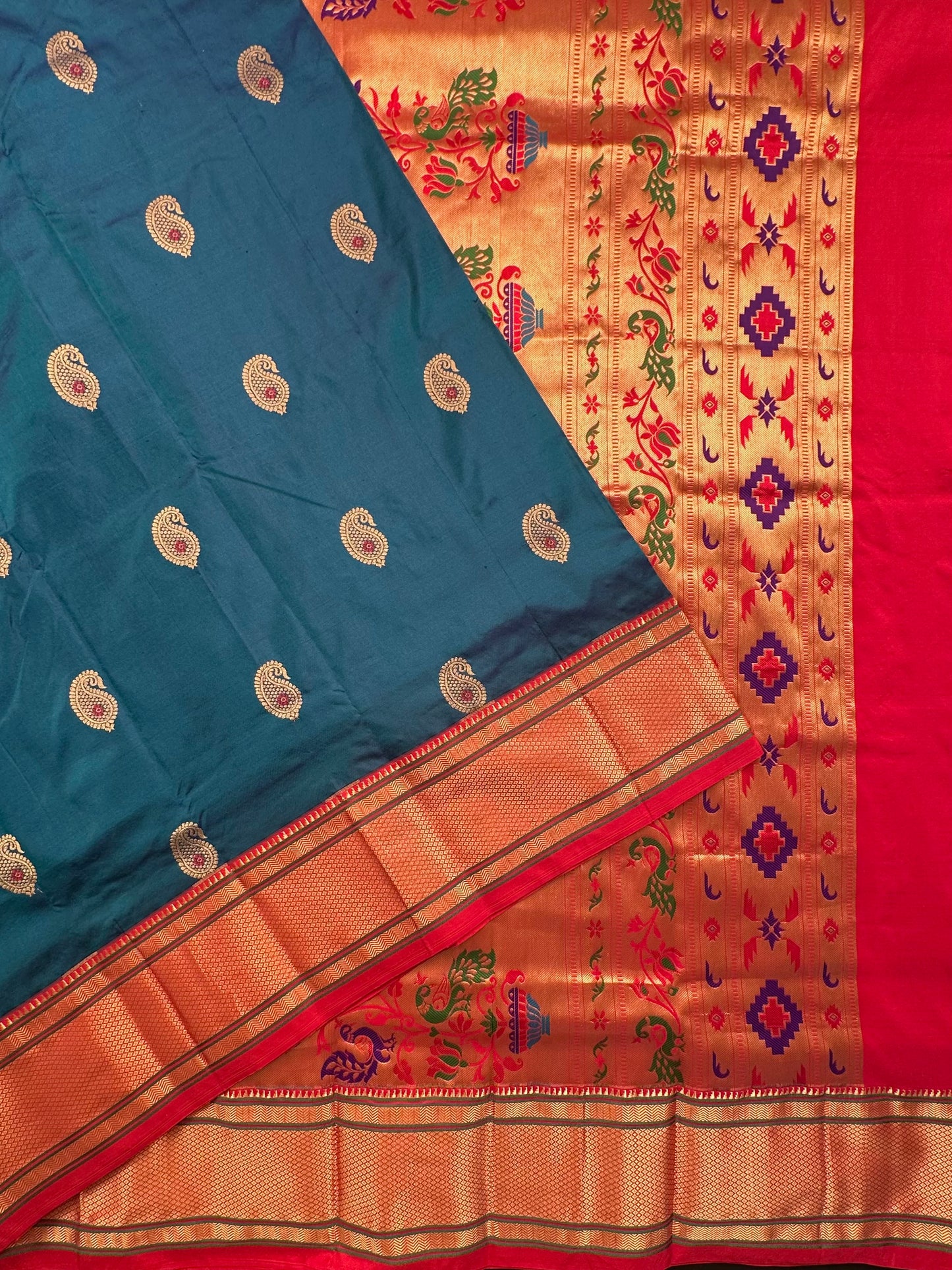 Peacock Blue-Red Paithini Silk Saree