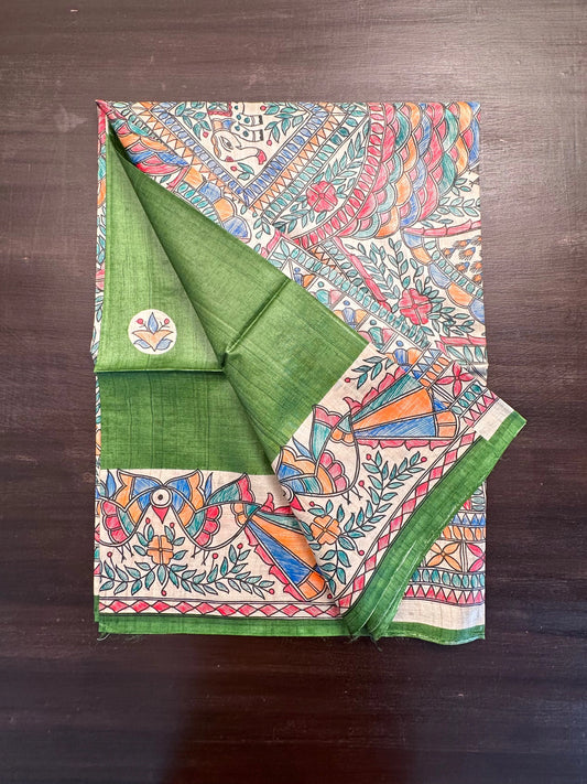 Green Madhubani Art Pure Tussar Silk Saree