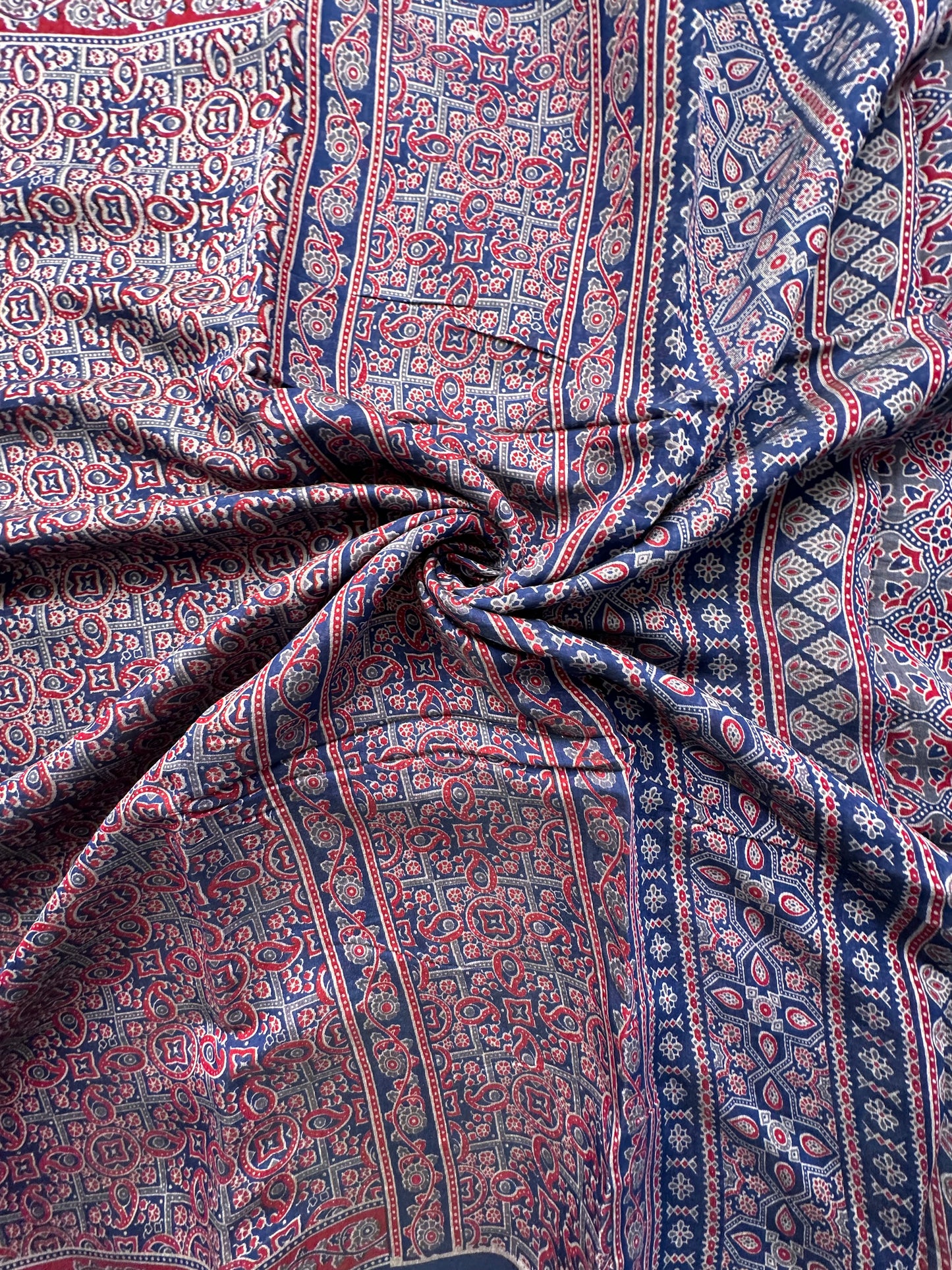 Navy Blue Ajrakh Print Cotton Blend Saree