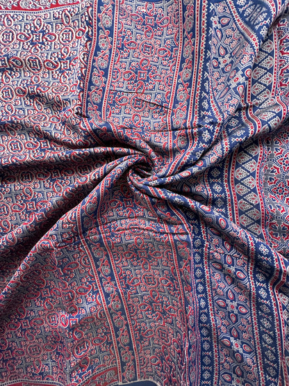 Navy Blue Ajrakh Print Cotton Blend Saree