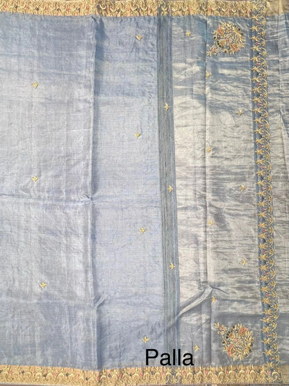 Blue Tissue Silk Saree With  Zardozi Work