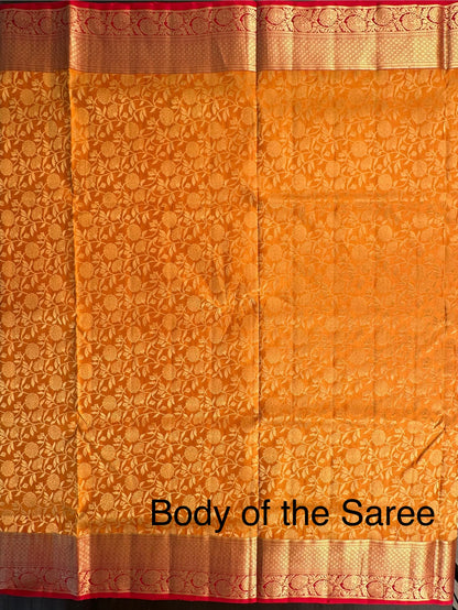 Mustard-Red Handloom Kanjivaram Jamawar Pure Silk Saree