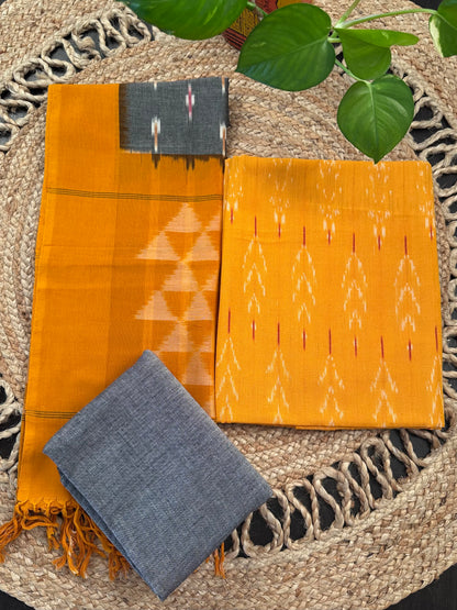 Mustard Ikkat Handloom Cotton Unstitched 3-Piece Suit