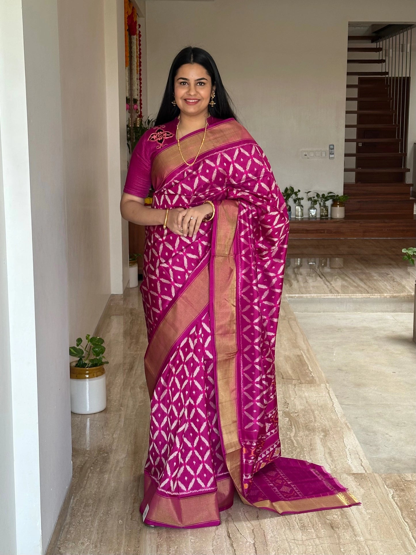 Magenta Ikkat Patola Handloom Silk Saree