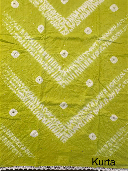 Parrot Green Batik Bandhini Hand Tie-Dye Pure Cotton 3-Piece Unstitched Suit
