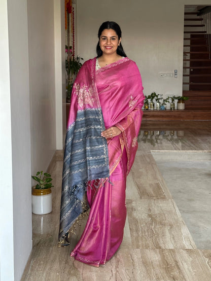 Rani Pink Aari Work Tissue Silk Saree