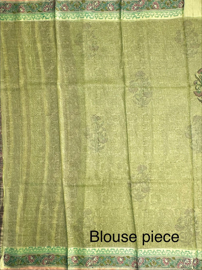 Green Hand Block-Print Pure Kota Doria Silk Saree