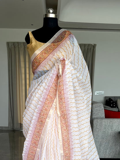 Off White- Black Block Printed Kota Doria Cotton Saree