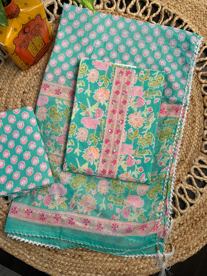 Sea Green Jaipuri Necktie Cotton 3-Piece Suit