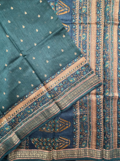 Turquoise Blue Muga Silk Saree