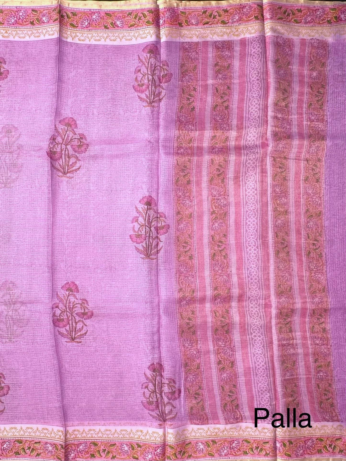 Mauve Hand Block-Print Pure Kota Doria Silk Saree